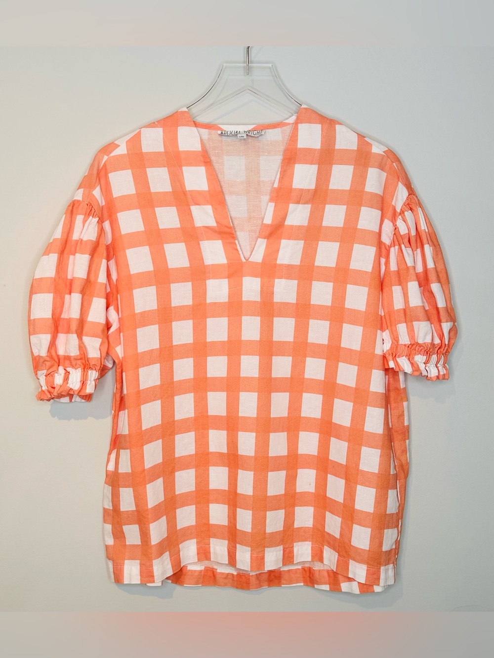 Brooke Wright Orange White Gingham V-Neck Puff Sleeve Tunic Blouse Shirt Top - Picture 10 of 10